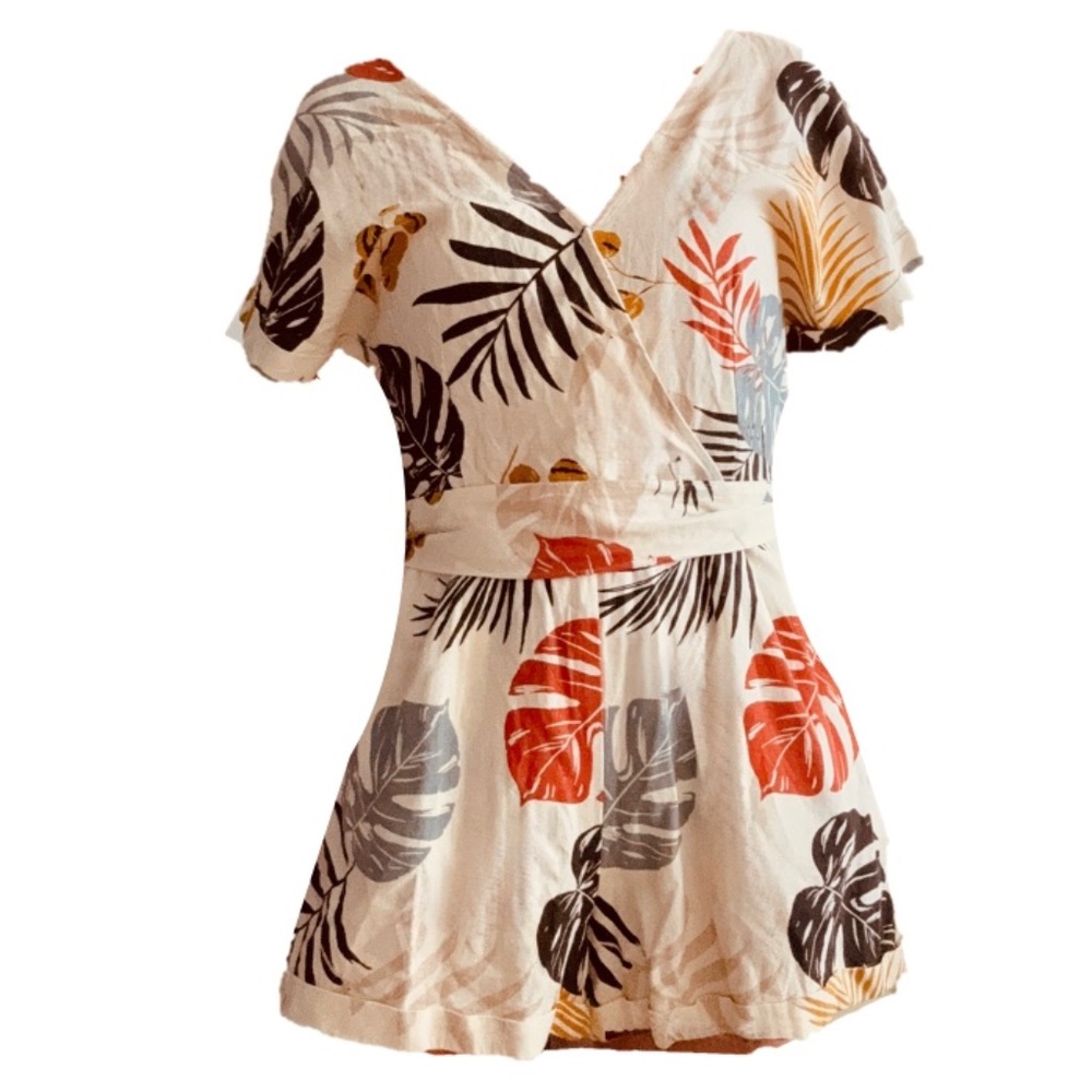 Women's Linen Blend Comfy Self Tie Tropical Romper Inseam Pockets Size SMALL